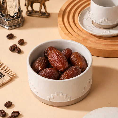 Embossed Geometric Ceramic Arabic Coffee Cup Set with Lidded Date Jar | Middle East Hospitality Gift Set