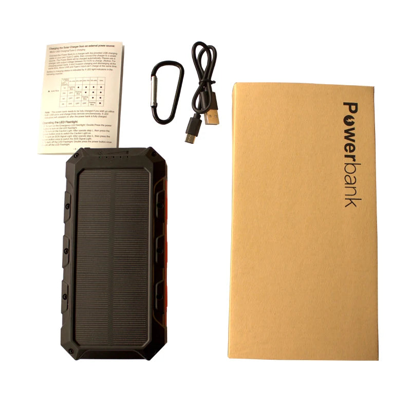 [B2B Sample Order] 30000mAh Waterproof Solar Power Bank with Built-in 3 Cables & 8-LED Floodlight | Custom Logo & Free Mockup