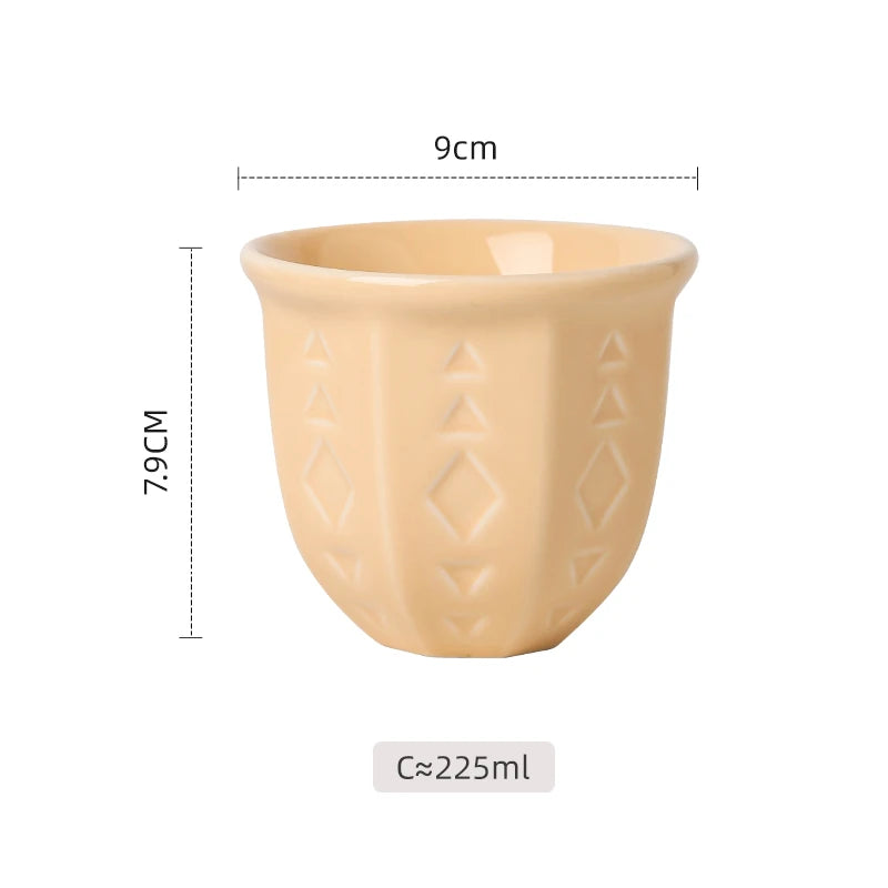 Embossed Ceramic Arabic Coffee Cup with Geometric Pattern | Traditional Saudi Arabia Qahwa Mug
