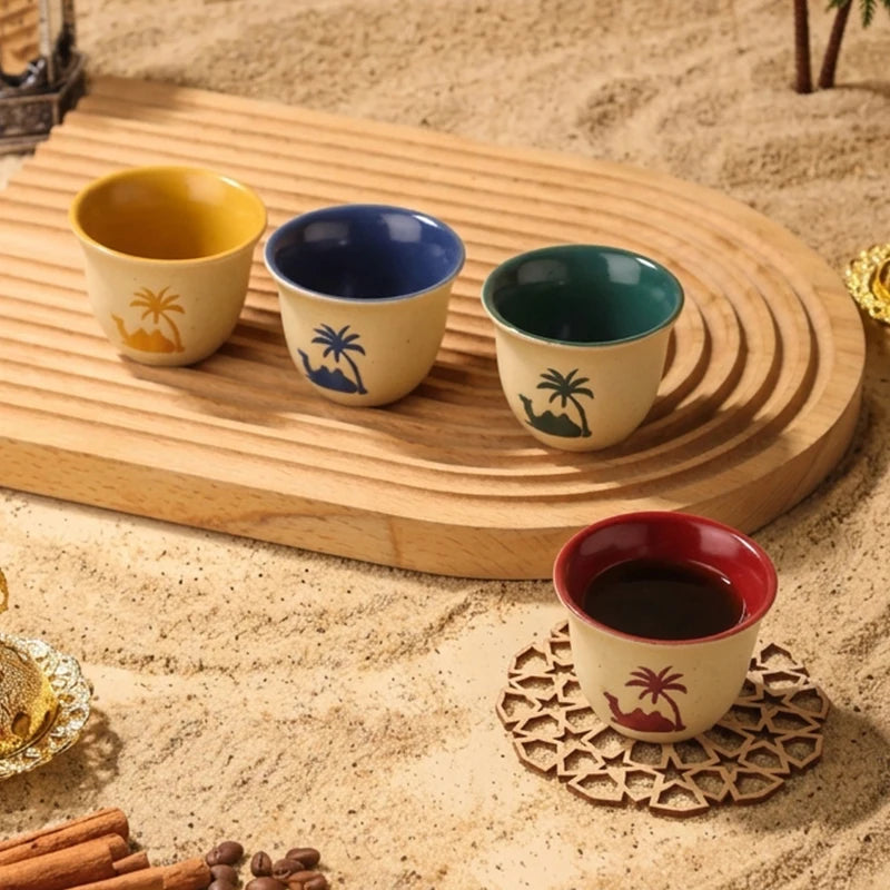 Desert Camel & Palm Tree Ceramic Arabic Coffee Cup | Traditional Saudi Arabia Qahwa Mug