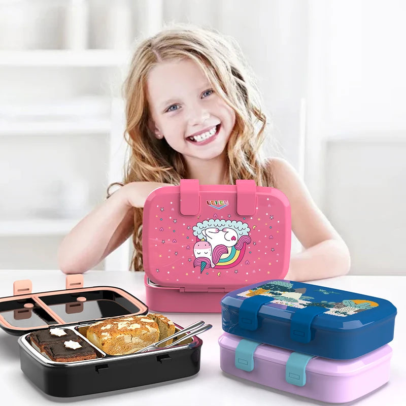 [B2B Sample Order] 2-Compartment Removable 304 Stainless Steel Kids Bento Lunch Box with Thermal PP Shell (750ml) | Standard & Custom OEM Sample