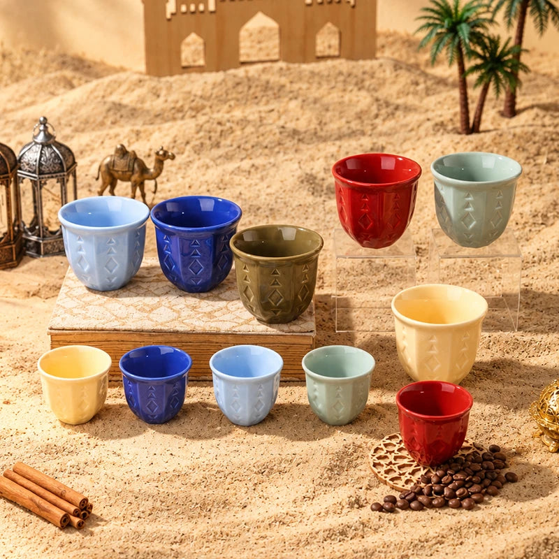 Embossed Ceramic Arabic Coffee Cup with Geometric Pattern | Traditional Saudi Arabia Qahwa Mug
