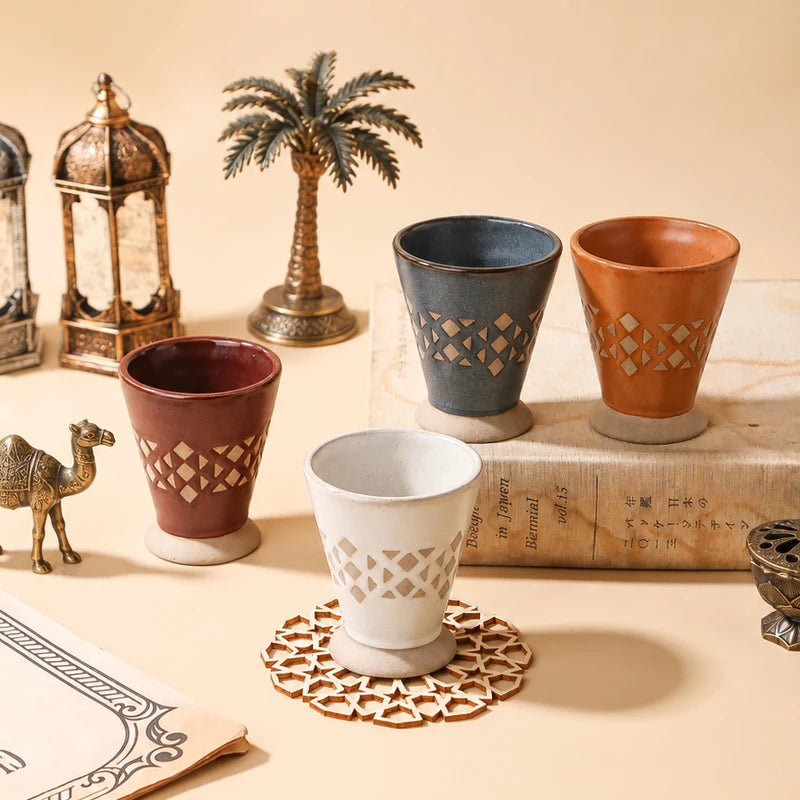 Traditional Arabic Ceramic Coffee Mug with Geometric Pattern | Handmade Saudi Arabia Pottery Cup