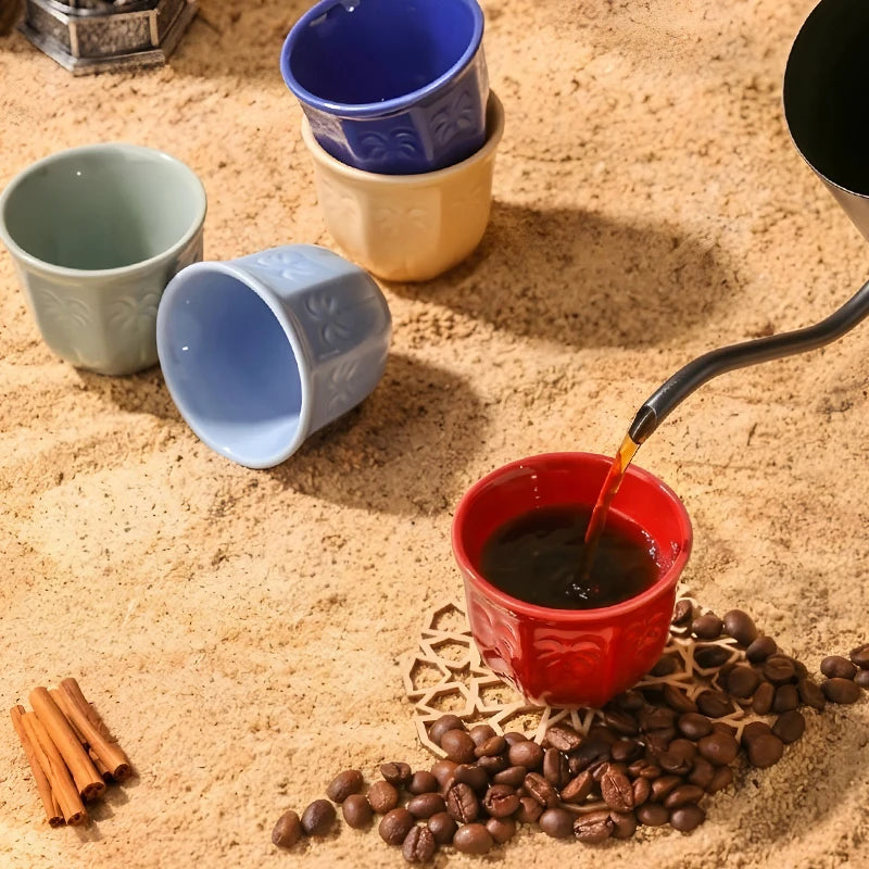 Embossed Palm Pattern Ceramic Arabic Coffee Cup | Traditional Saudi Arabia Qahwa Mug