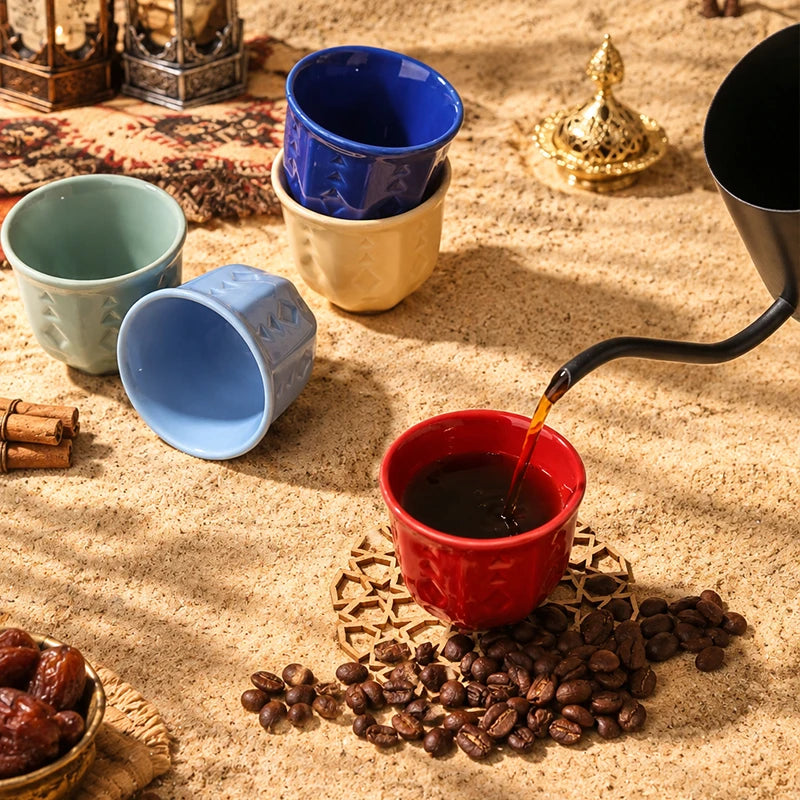 Embossed Ceramic Arabic Coffee Cup with Geometric Pattern | Traditional Saudi Arabia Qahwa Mug