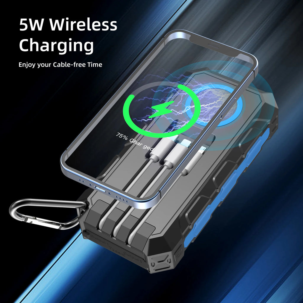[B2B Sample Order] 30000mAh Waterproof Solar Power Bank with Built-in Cables & Wireless Charging | Custom Logo & Free Mockup