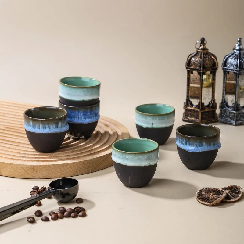 [B2B Sample Order] Handmade Reactive Kiln Glaze Ceramic Arabic Espresso Cup (75ml) | Custom Logo & Free Mockup