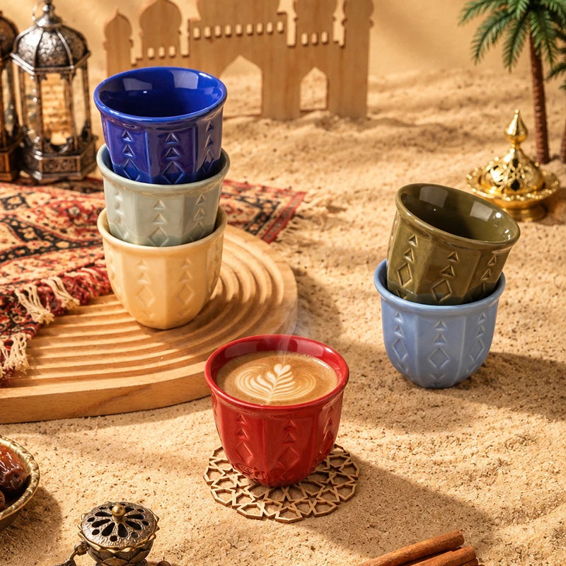 Embossed Ceramic Arabic Coffee Cup with Geometric Pattern | Traditional Saudi Arabia Qahwa Mug