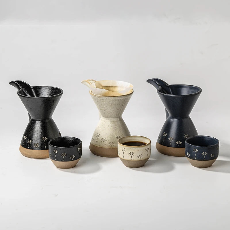 Traditional Arabic Ceramic Pour Over Coffee Dripper & Cups Set | Palm Tree Embossed Coffee Pot