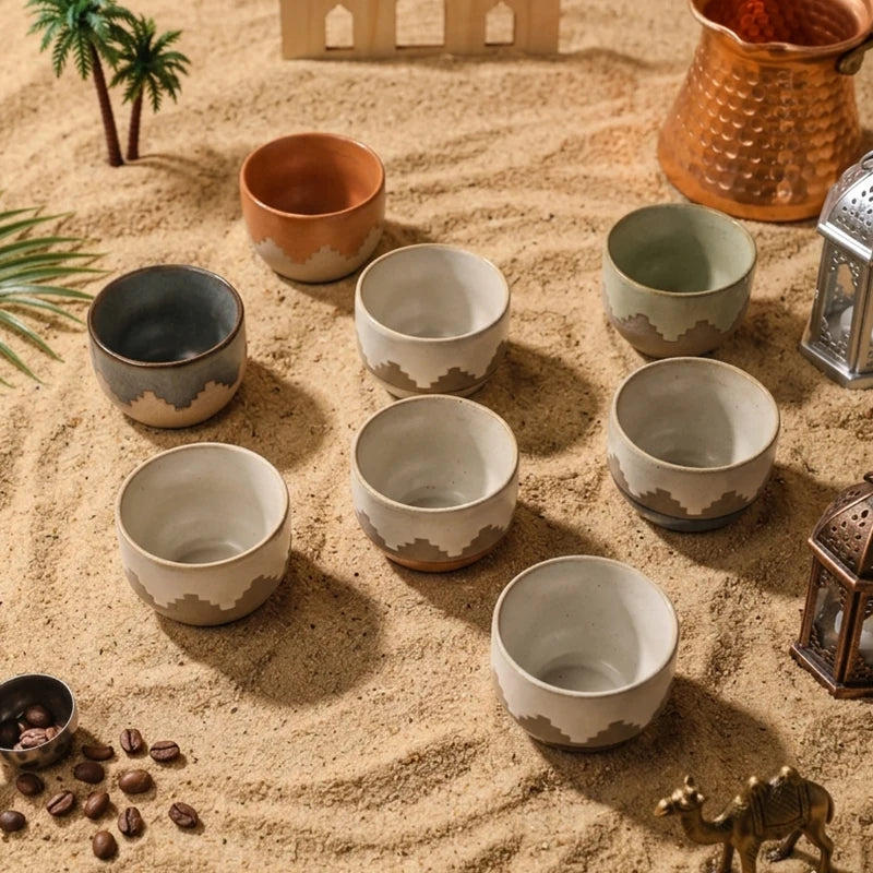 Middle Eastern Ceramic Cawa Cups with Geometric Relief | Rustic Glaze Saudi Arabia Coffee Mug