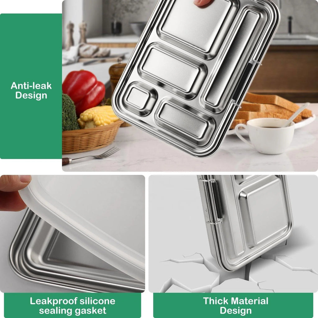 [B2B Sample Order] 5-Compartment 304 Stainless Steel Bento Lunch Box Set with 2 Dip Containers (935ml) | Standard & Custom OEM Sample