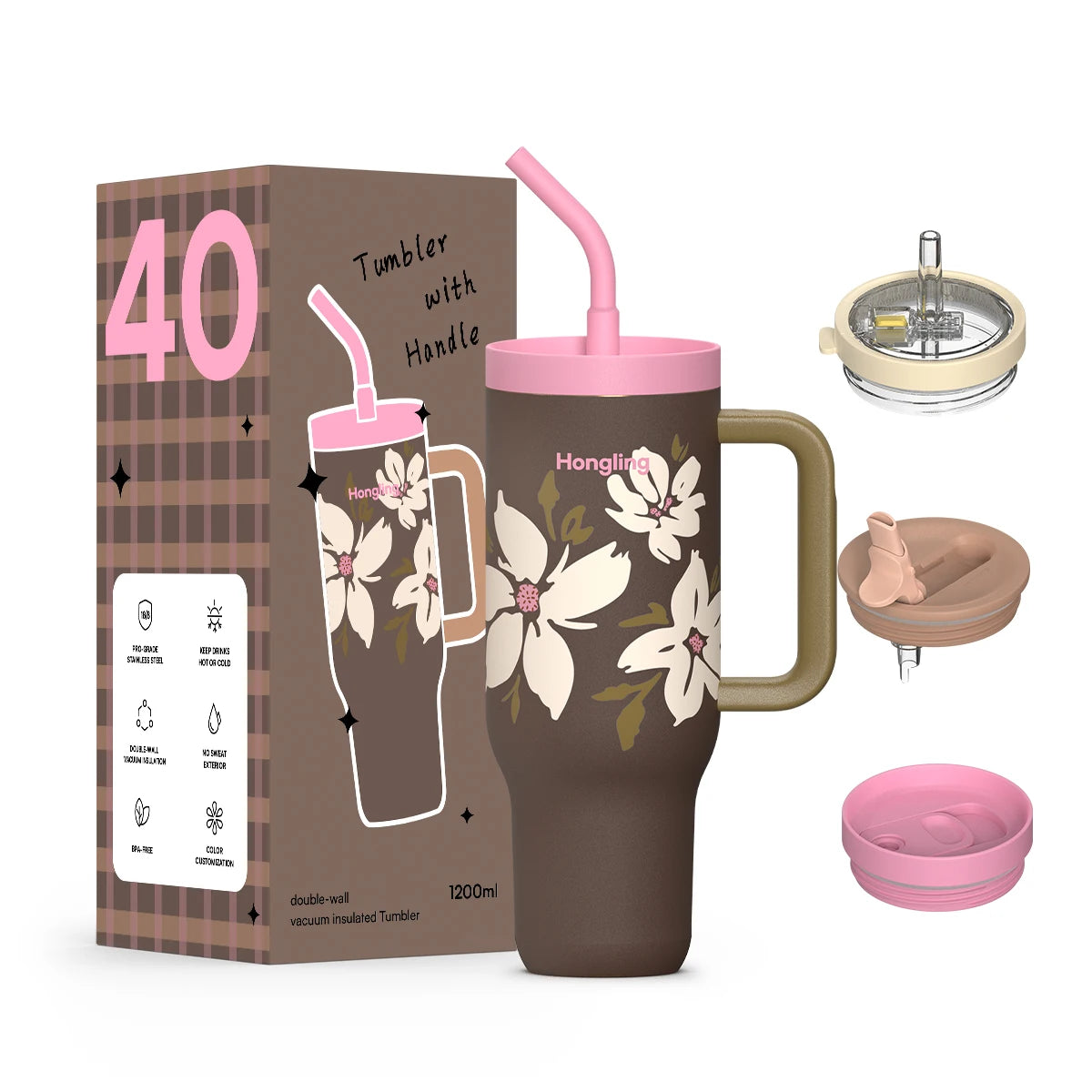 [B2B Sample Order] 1.2L (40oz) Tumbler with Ergonomic Handle & Multi-Lids Double-Wall 18/8 Stainless Steel Vacuum Insulated | Free Digital Mockup & Custom Logo