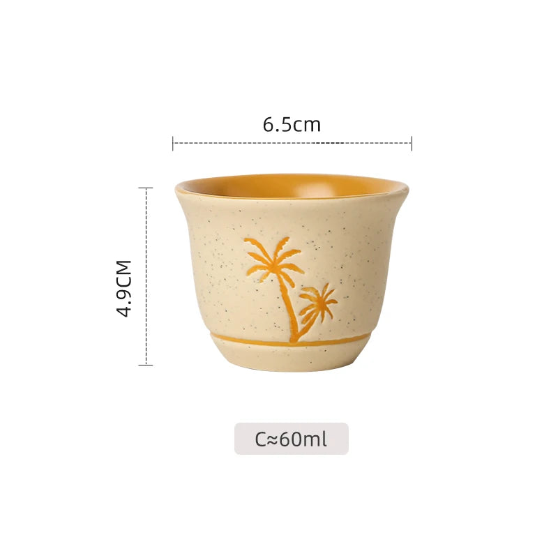 Desert Camel & Palm Tree Ceramic Arabic Coffee Cup | Traditional Saudi Arabia Qahwa Mug
