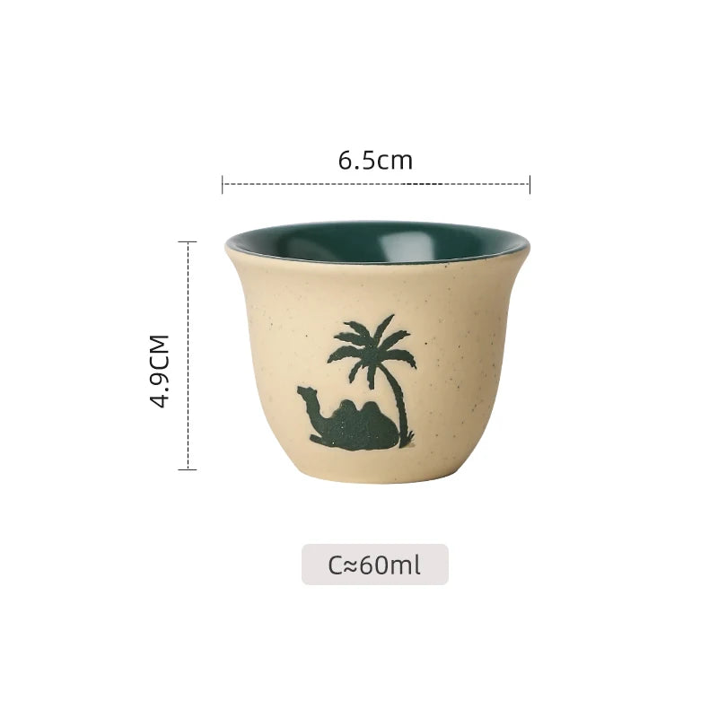 Desert Camel & Palm Tree Ceramic Arabic Coffee Cup | Traditional Saudi Arabia Qahwa Mug