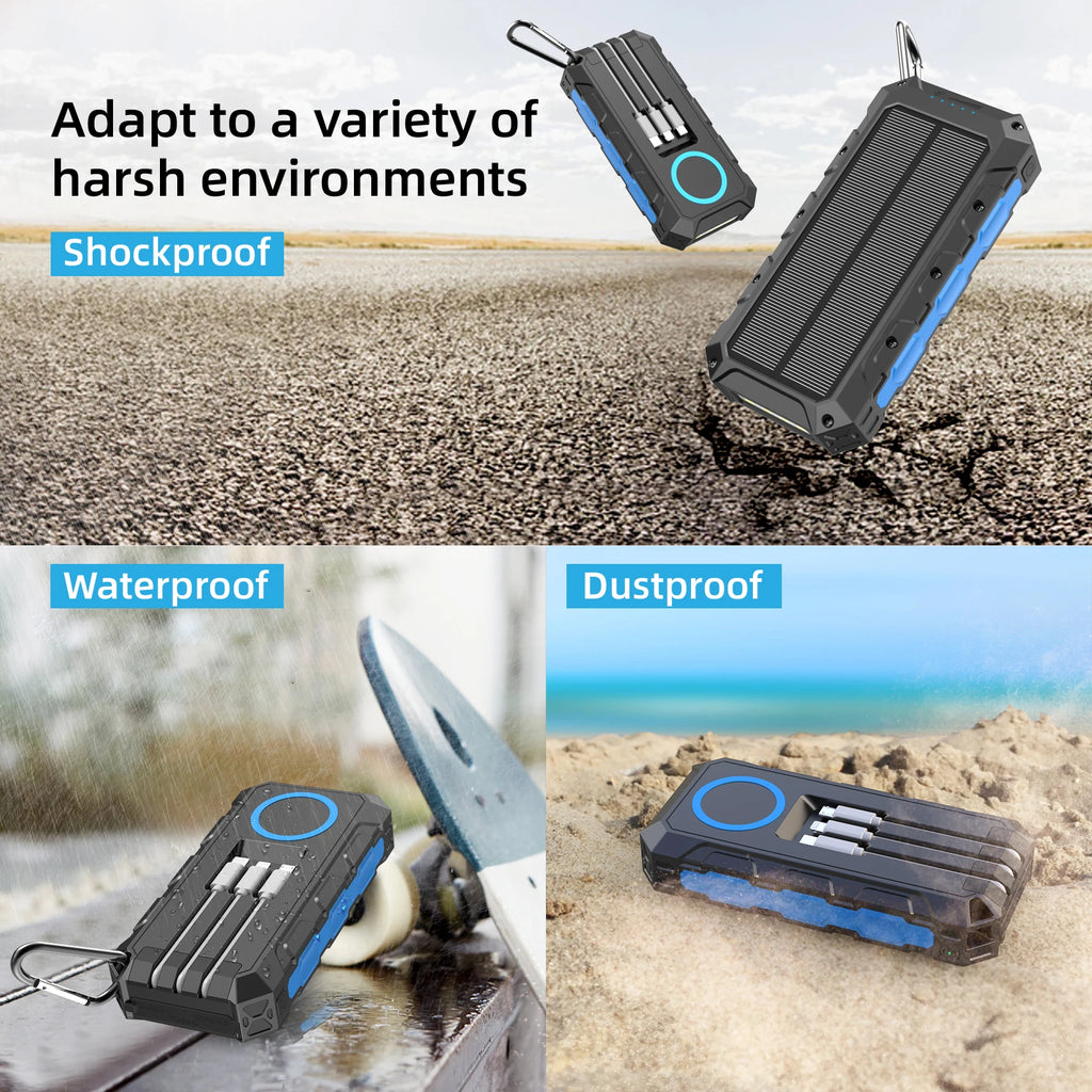 [B2B Sample Order] 30000mAh Portable Solar Charger with Built-in Cables & Dual USB (20W / Wireless) | Custom Logo & Free Mockup