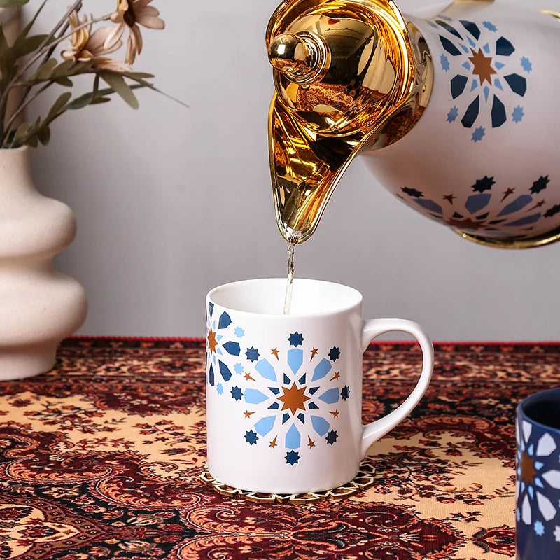 Luxury Golden Arabic Turkish Dallah Pot & Ceramic Coffee Mug Set | Middle East Drinkware