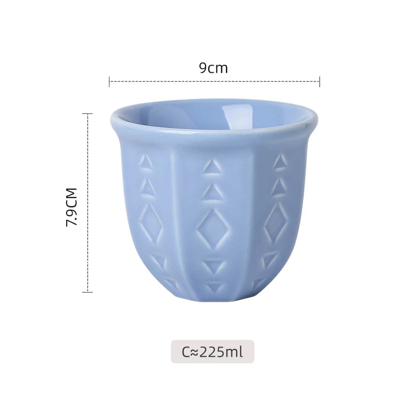 Embossed Ceramic Arabic Coffee Cup with Geometric Pattern | Traditional Saudi Arabia Qahwa Mug