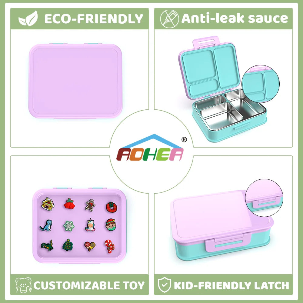 [B2B Sample Order] 3-Compartment Removable 304 Stainless Steel Kids Bento Lunch Box with DIY Charm Lid (960ml) | Standard & Custom OEM Sample