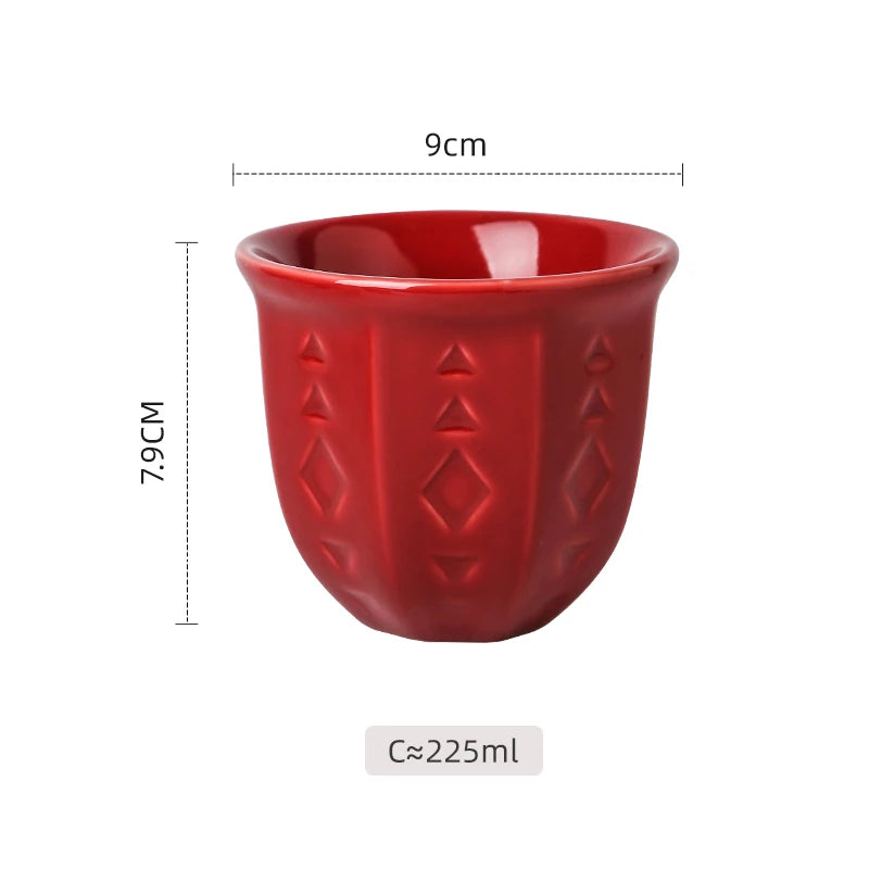 Embossed Ceramic Arabic Coffee Cup with Geometric Pattern | Traditional Saudi Arabia Qahwa Mug