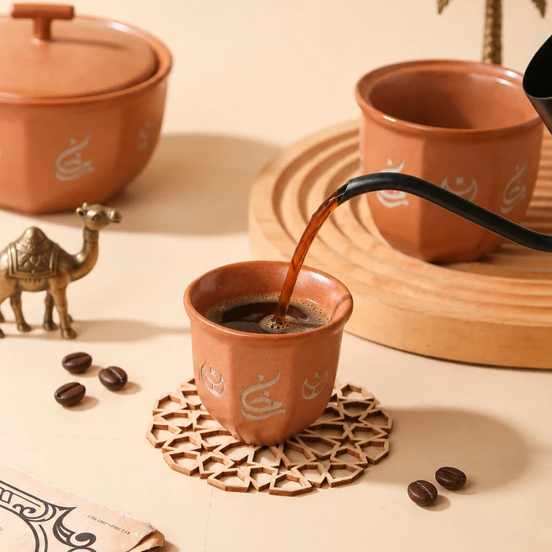 Handmade Ceramic Arabic Qahwa Cup Set with Lidded Date Bowl | Ramadan & Eid Hospitality Gift Set