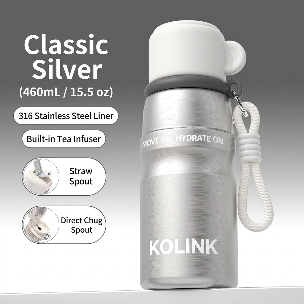 Classic Silver 460ml Insulated Travel Bottle