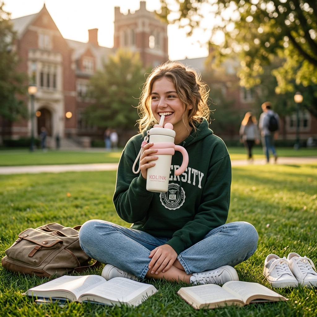 College Student on Campus Lawn with Sakura Pink KOLINK Tumbler