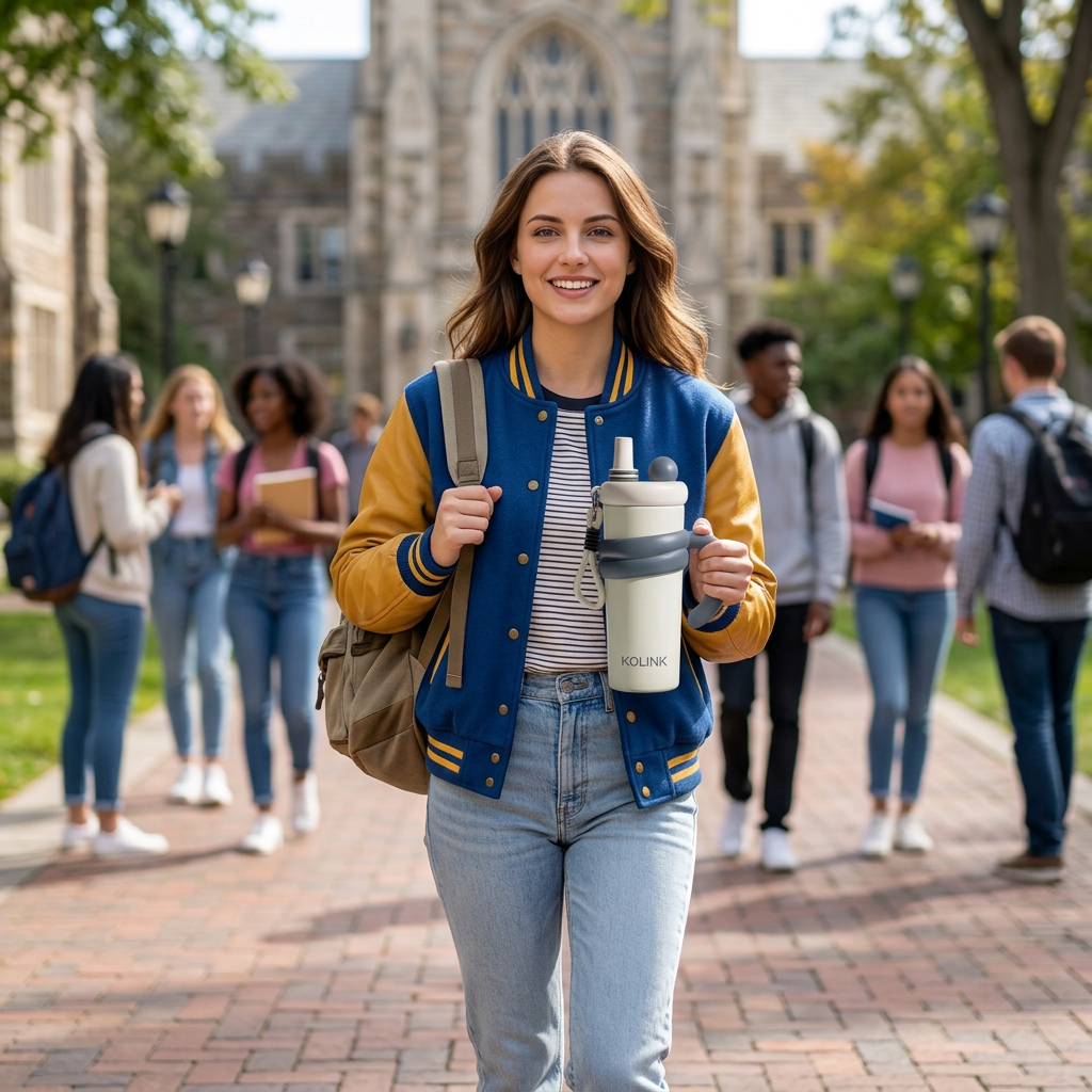 College Student Walking on Campus with Slate Blue KOLINK Tumbler