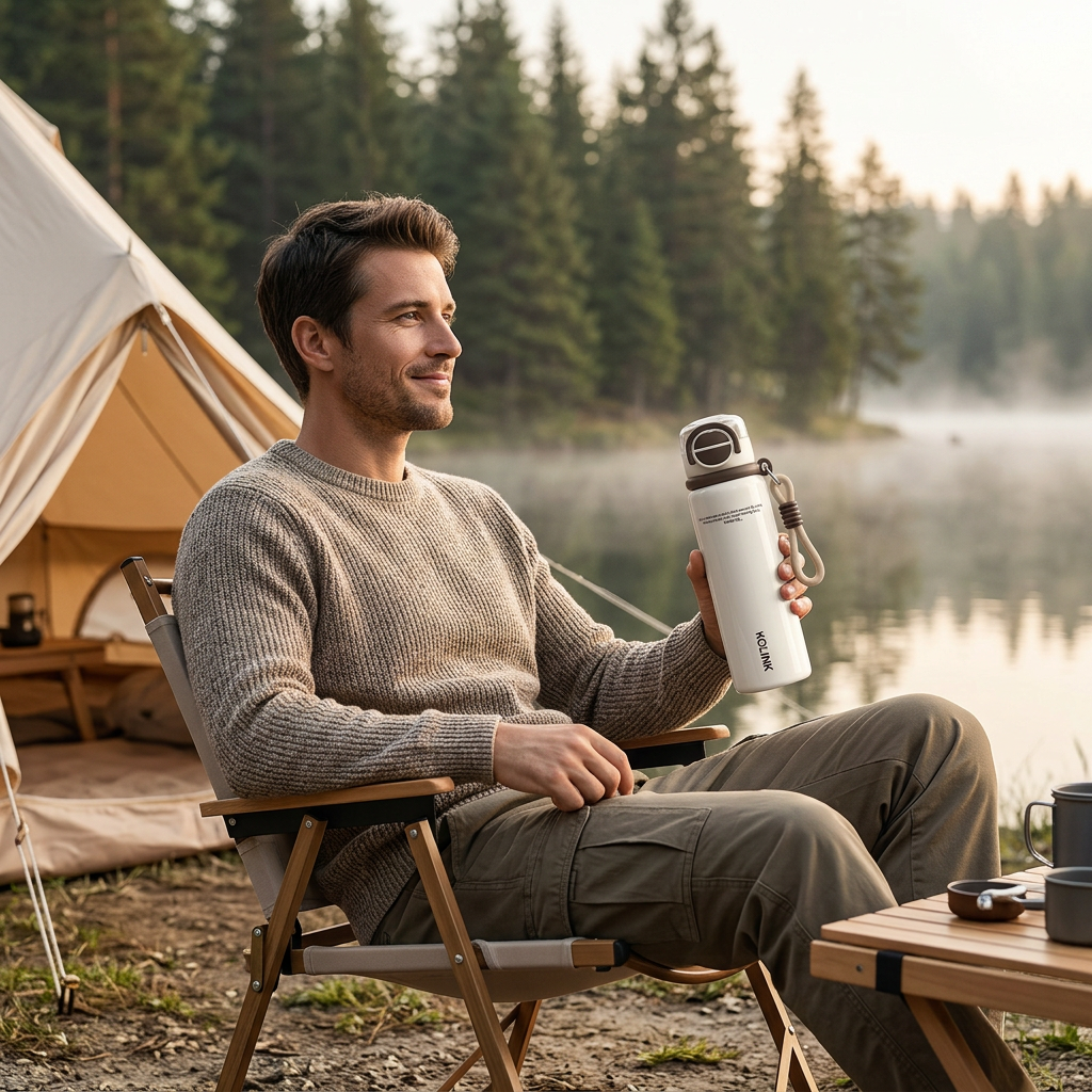 Lakeside Camping Lifestyle with Coffee Bottle
