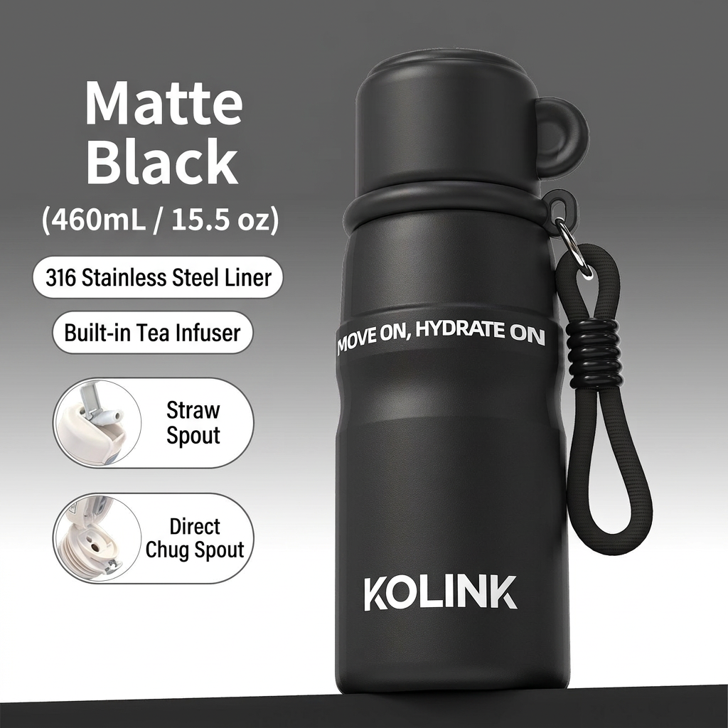 Matte Black 460ml Insulated Travel Bottle