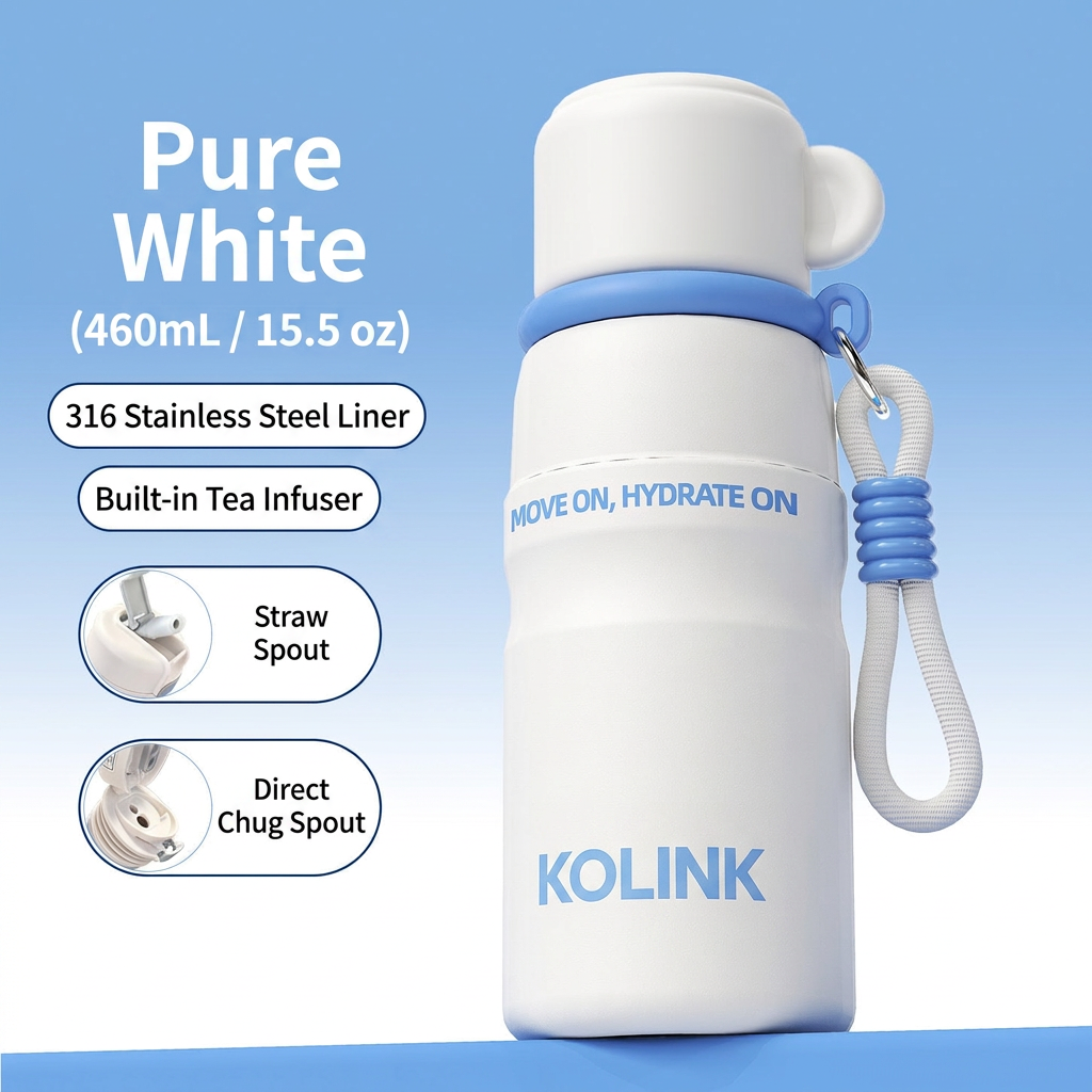 Pure White 460ml Insulated Travel Bottle