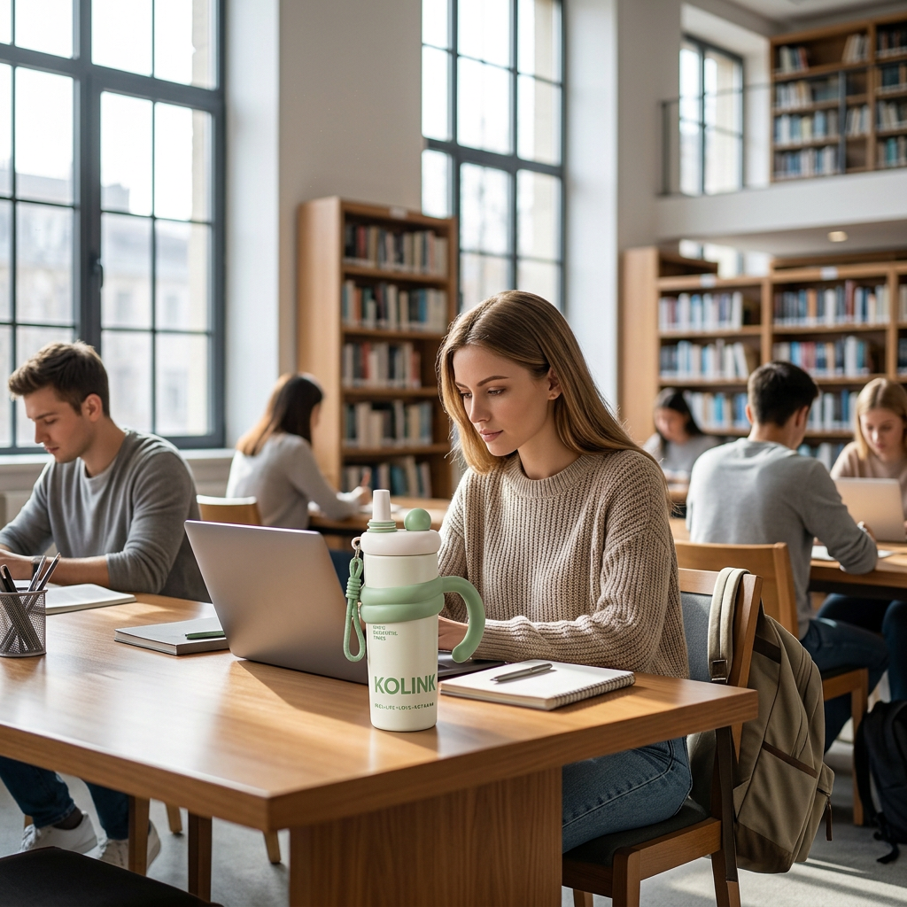 University Library Study Scene with Sage Green KOLINK Tumbler